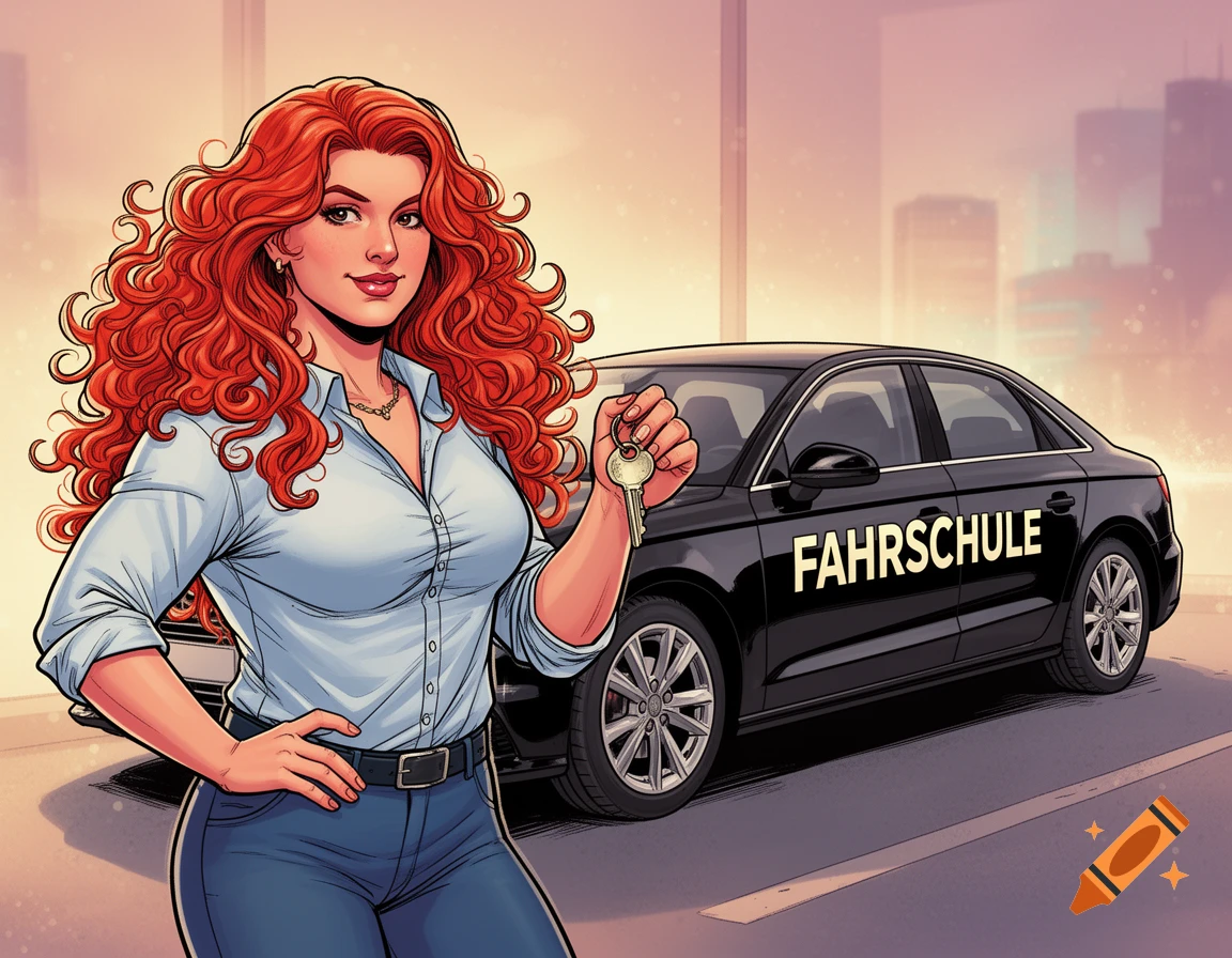 A red-haired woman in a comic art style holds a car key next to a black driving school car with 'FAHRSCHULE' written on it.