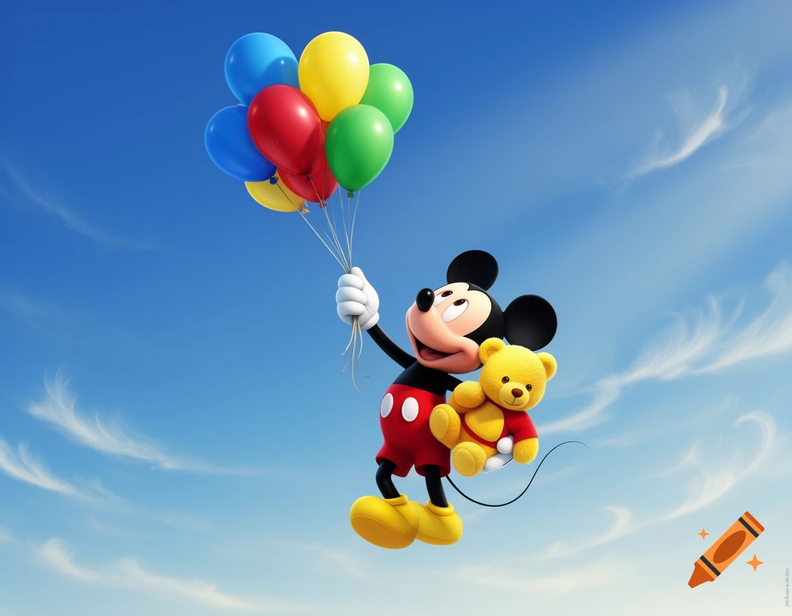 Mickey Mouse holding a bunch of colorful balloons and hugging a yellow teddy bear, floating in a bright blue sky.