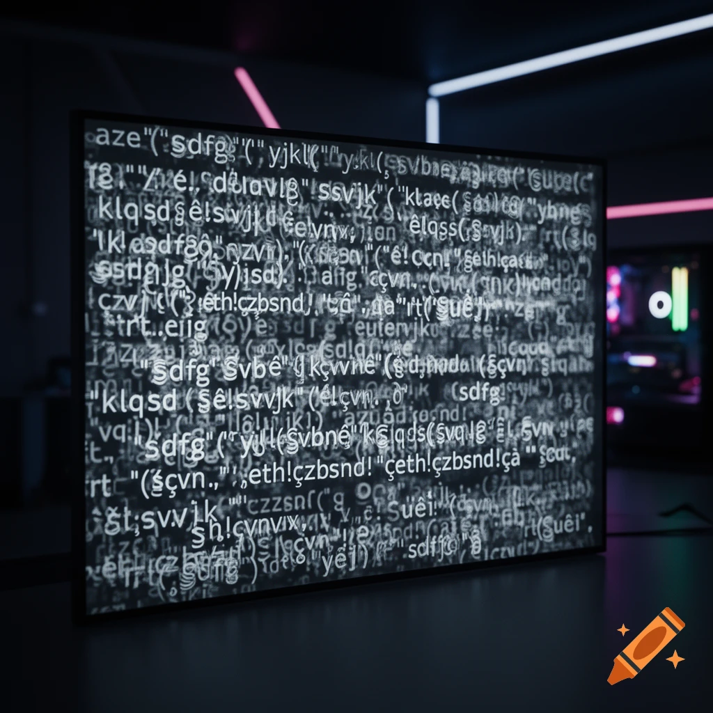 A computer screen displaying lines of white gibberish code on a dark background, in a futuristic room with pink and white neon lights.