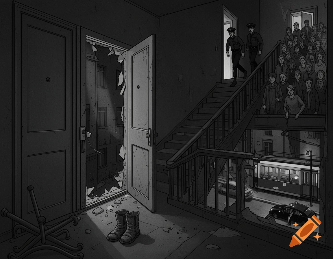 A detailed black-and-white illustration of an old apartment building's stairwell where police investigate a broken door as a crowd watches.