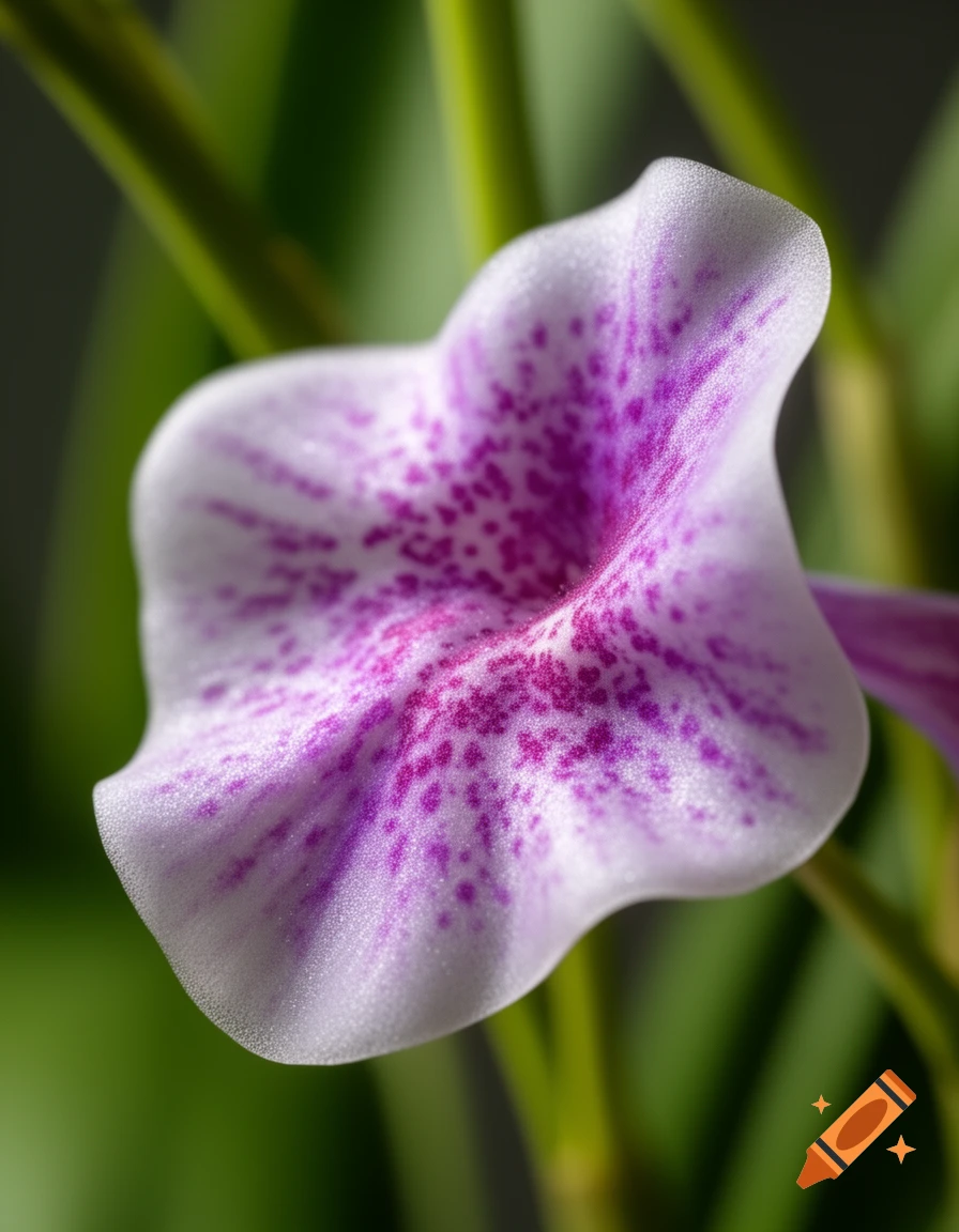 A close-up, photorealistic image of a white orchid with delicate purple spots on its petals, set against a soft, blurred green background.