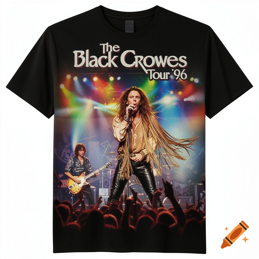 A black t-shirt featuring a photorealistic image of The Black Crowes performing live on stage with the text "The Black Crowes Tour '96".