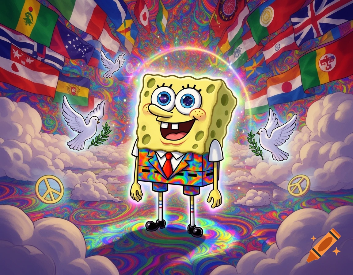 SpongeBob in a tie-dye suit stands surrounded by peace doves, international flags, and peace signs in a swirling rainbow psychedelic landscape.