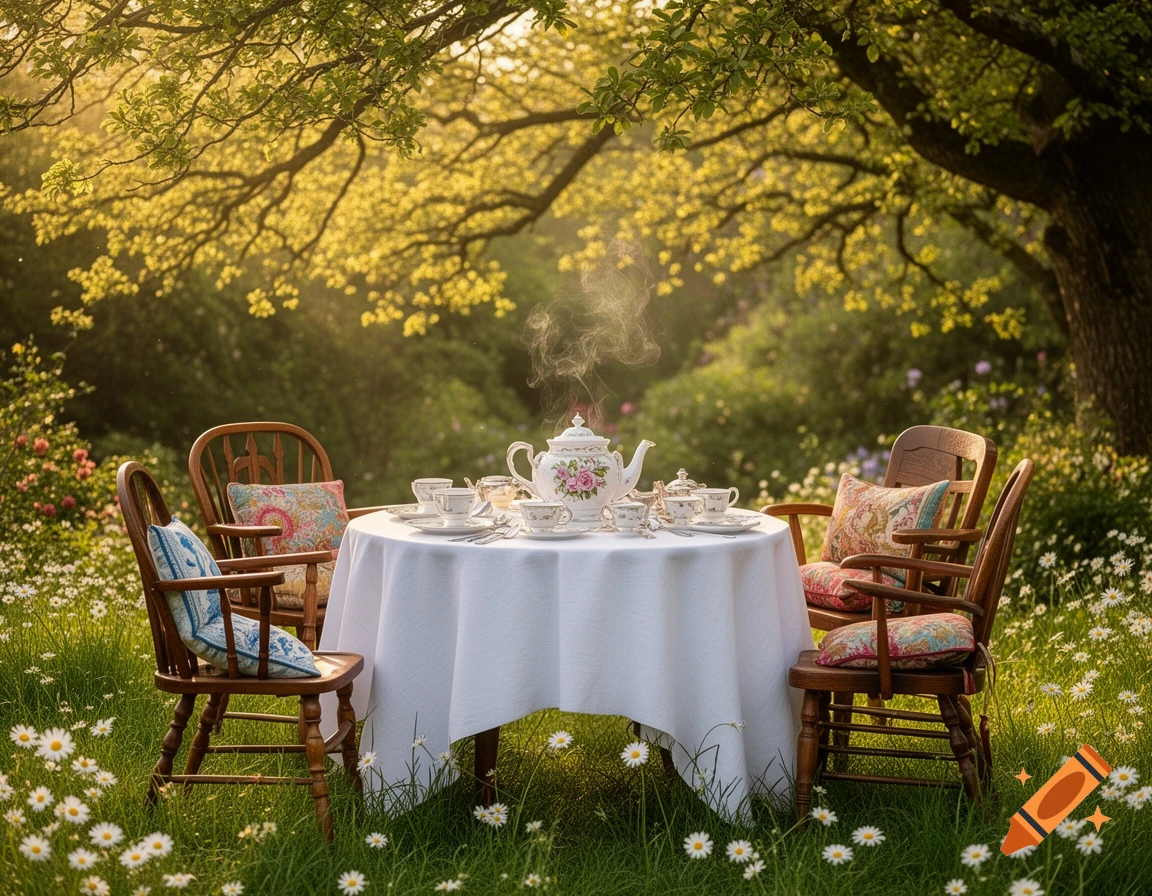 A beautifully set tea party table with a steaming teapot and chairs in a sunlit garden with white daisies.