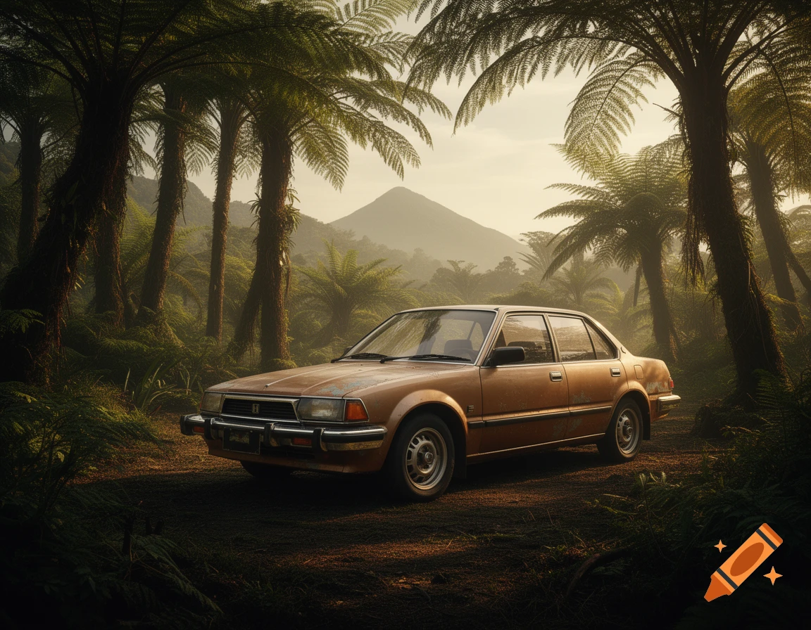 A rusty, vintage Honda Accord parked on a dirt path in a lush, foggy jungle with tall ferns and trees.