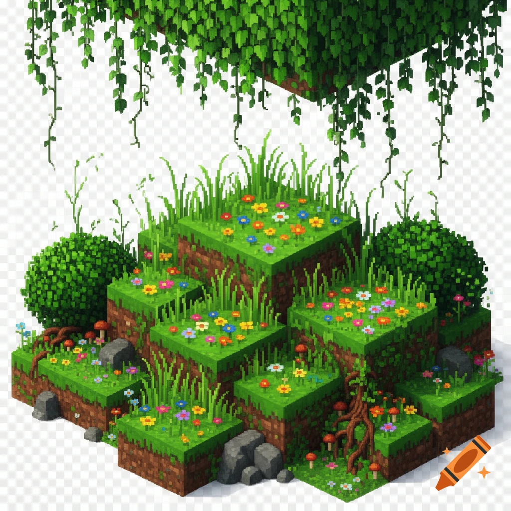 Minecraft-inspired pixel art landscape featuring tiered grass blocks, colorful flowers, tall grass, bushes, mushrooms, rocks, tree roots, and hanging vines, all on a transparent background.