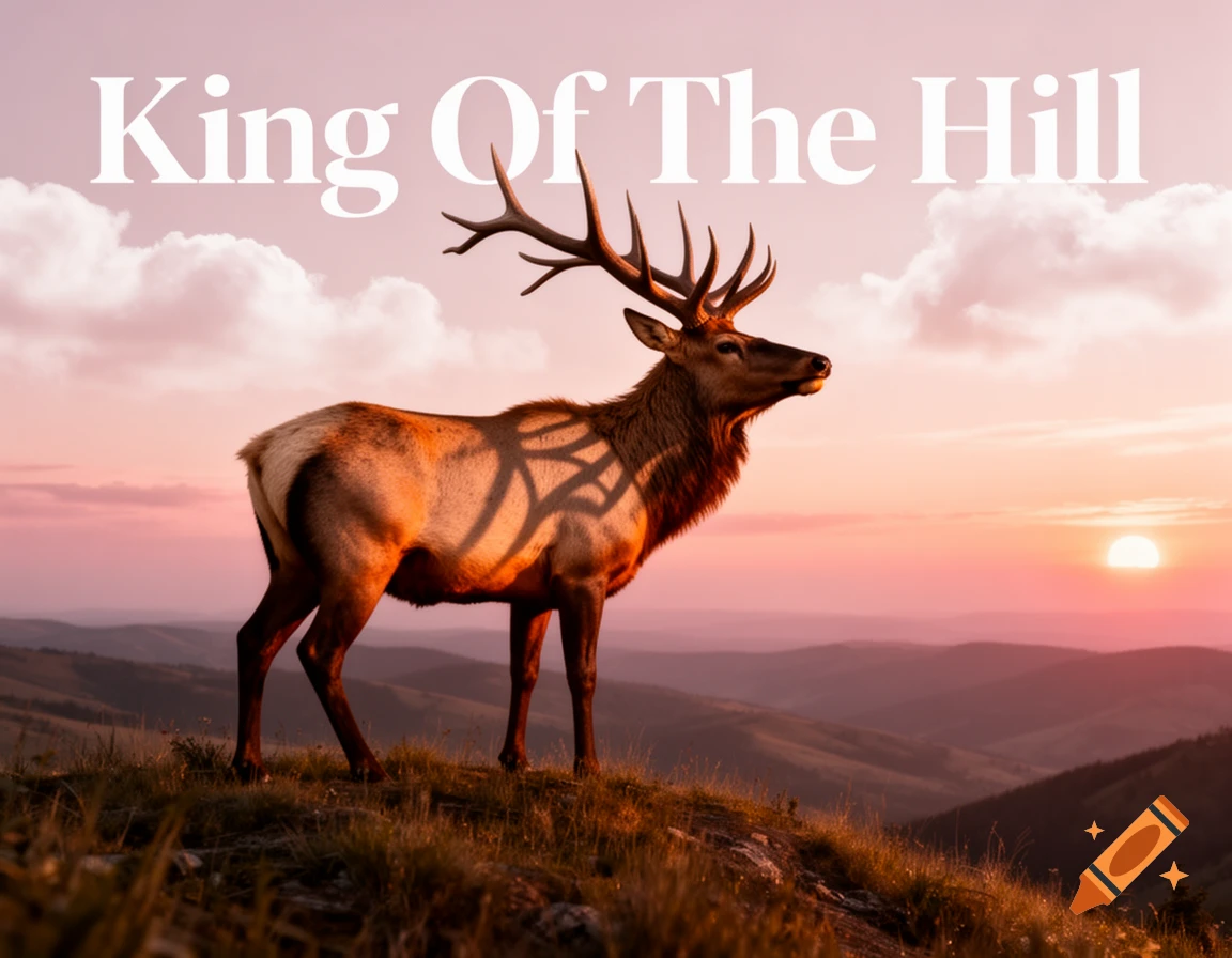 A majestic elk with large antlers stands on a grassy hill at sunset, with 'King Of The Hill' text.