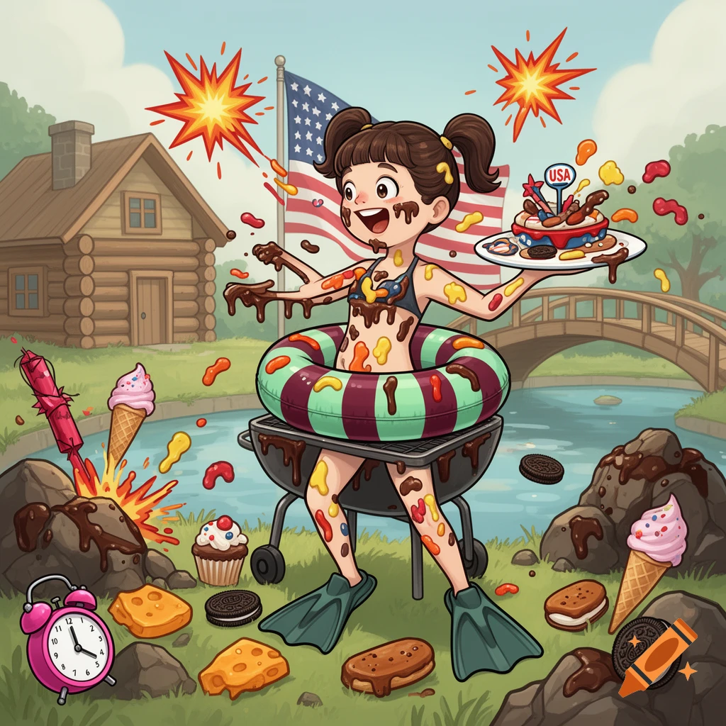 A cartoon girl covered in colorful sauces, wearing a swim tube and flippers, holds a food platter as fireworks explode. She is outdoors by a pond with a bridge and a log cabin, under an American flag, surrounded by various foods and desserts.