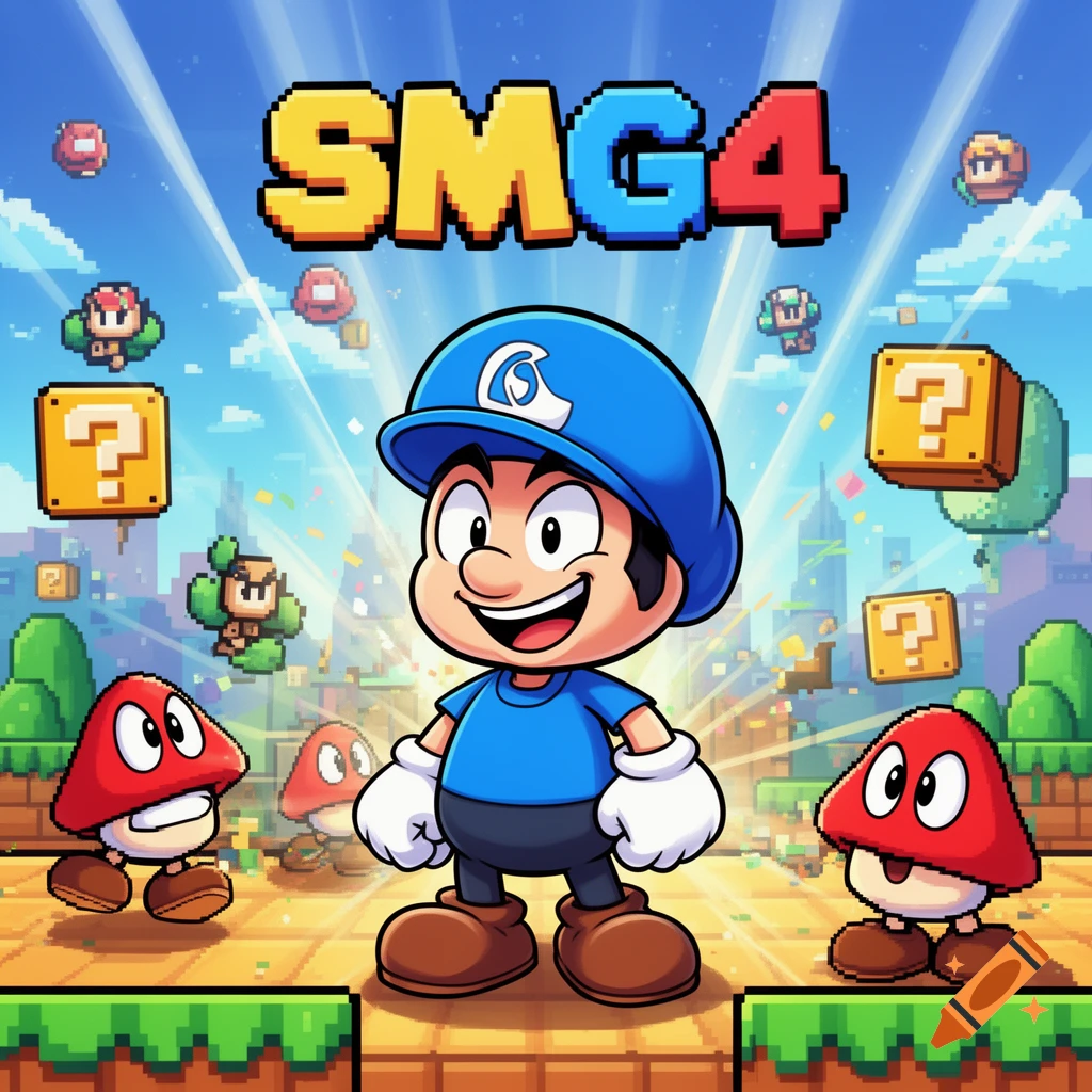 A cartoon character resembling Mario in a blue hat and shirt, surrounded by pixel art Goombas, question blocks, and "SMG4" text.