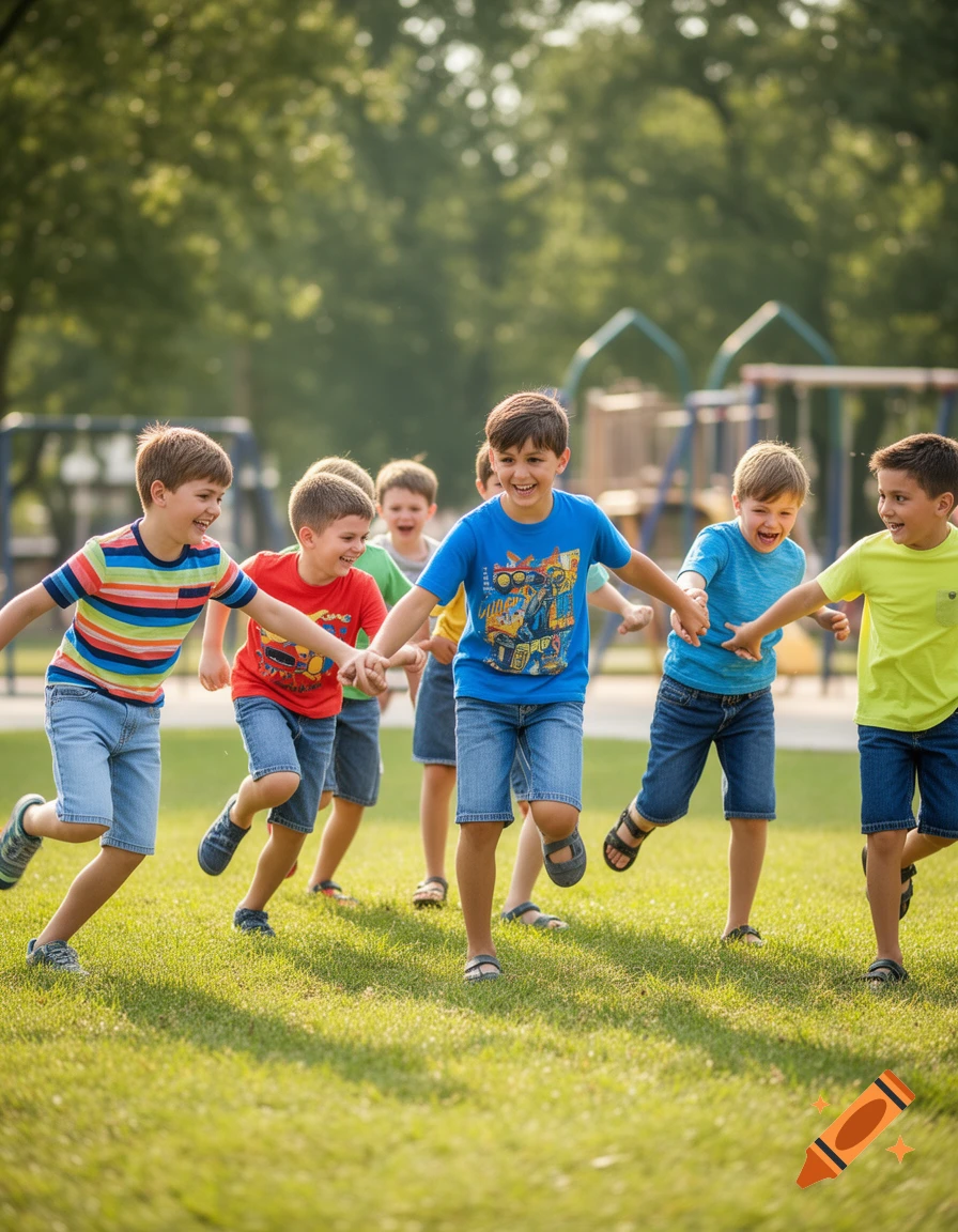 Group of smiling boys in denim shorts running and holding hands in a grassy park with playground equipment in the background.
