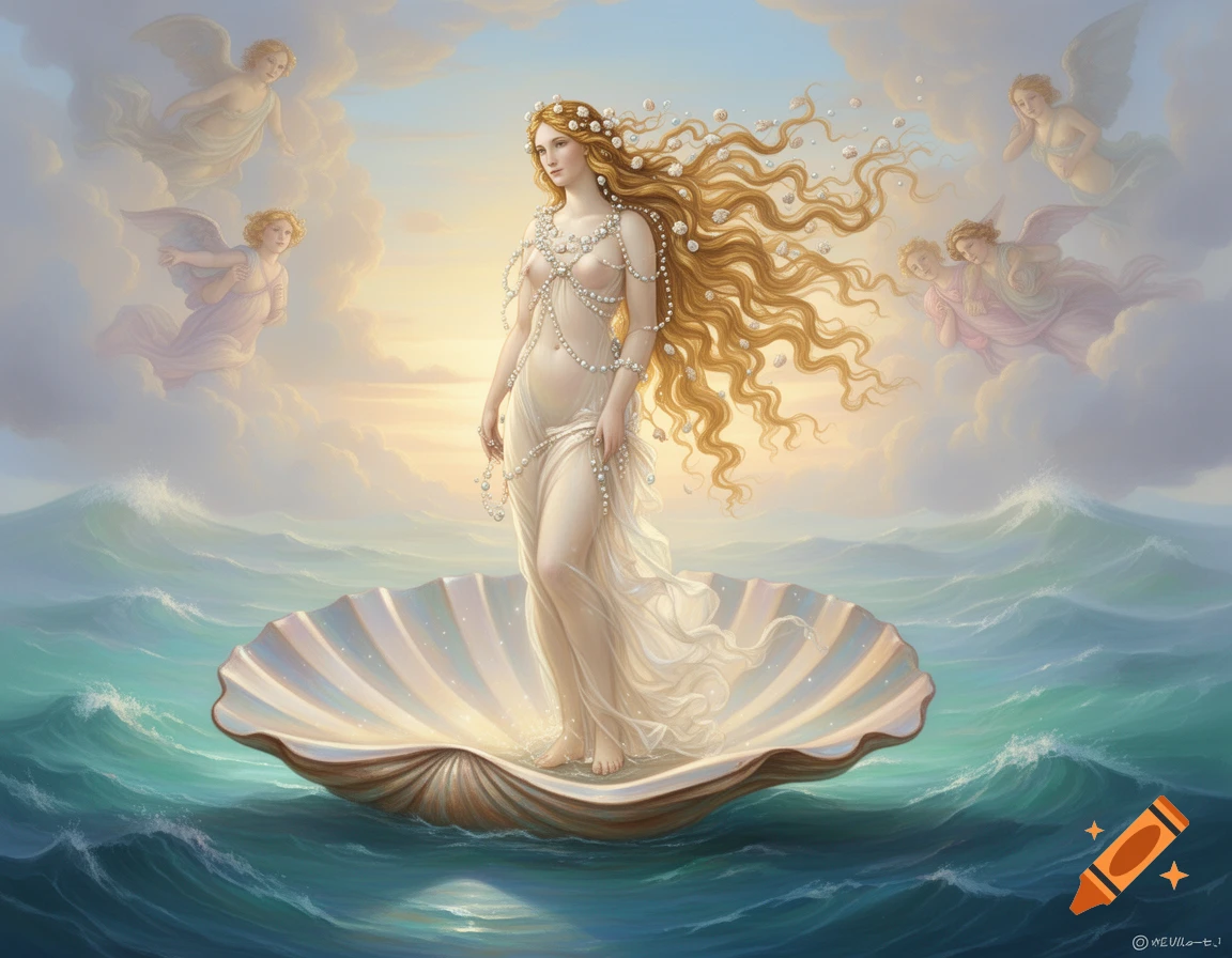 A long-haired goddess stands on a seashell in the ocean, with cherubs flying in the cloudy sky, in a classical painting style.