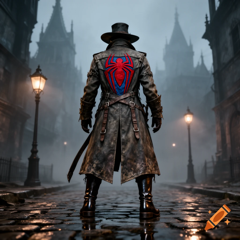 A lone figure in a long, dark, trench coat with a red and blue Spider-Man symbol on the back stands on a foggy cobblestone street.
