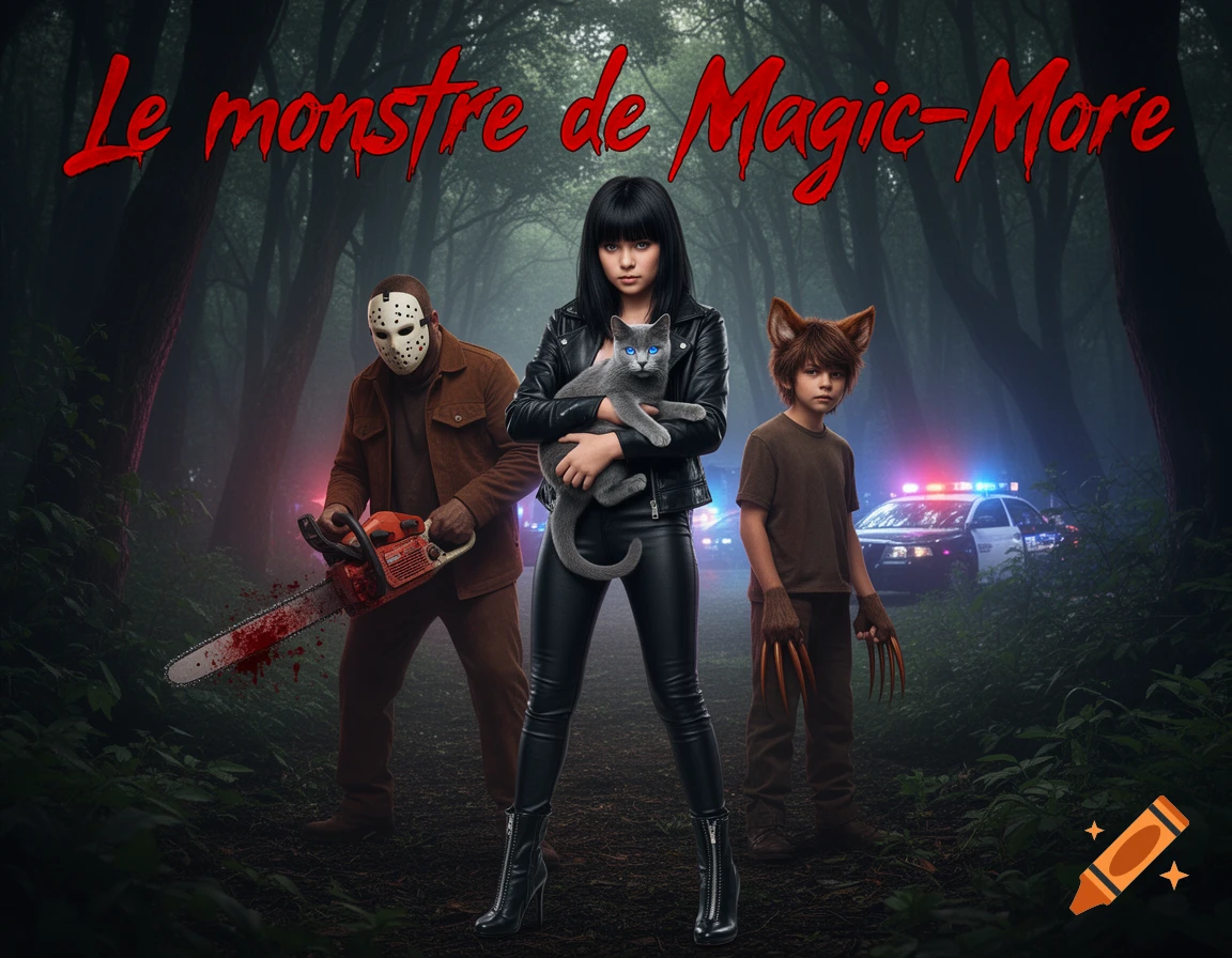 A girl with a cat, a masked man holding a bloody chainsaw, and a boy with wolf ears and claws in a dark forest. Text "Le monstre de Magic-More".