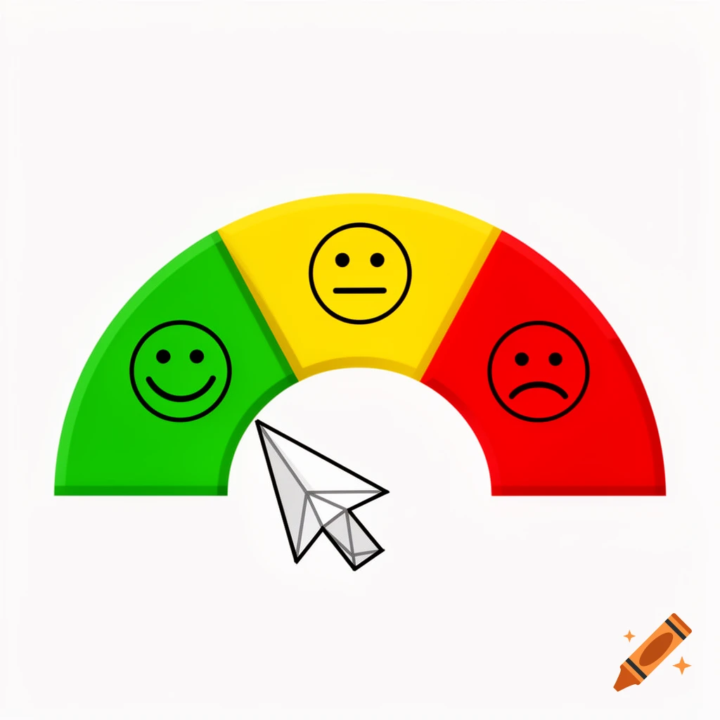 A mouse cursor points to the happy green section of a three-color gauge with happy, neutral, and sad emoticons.