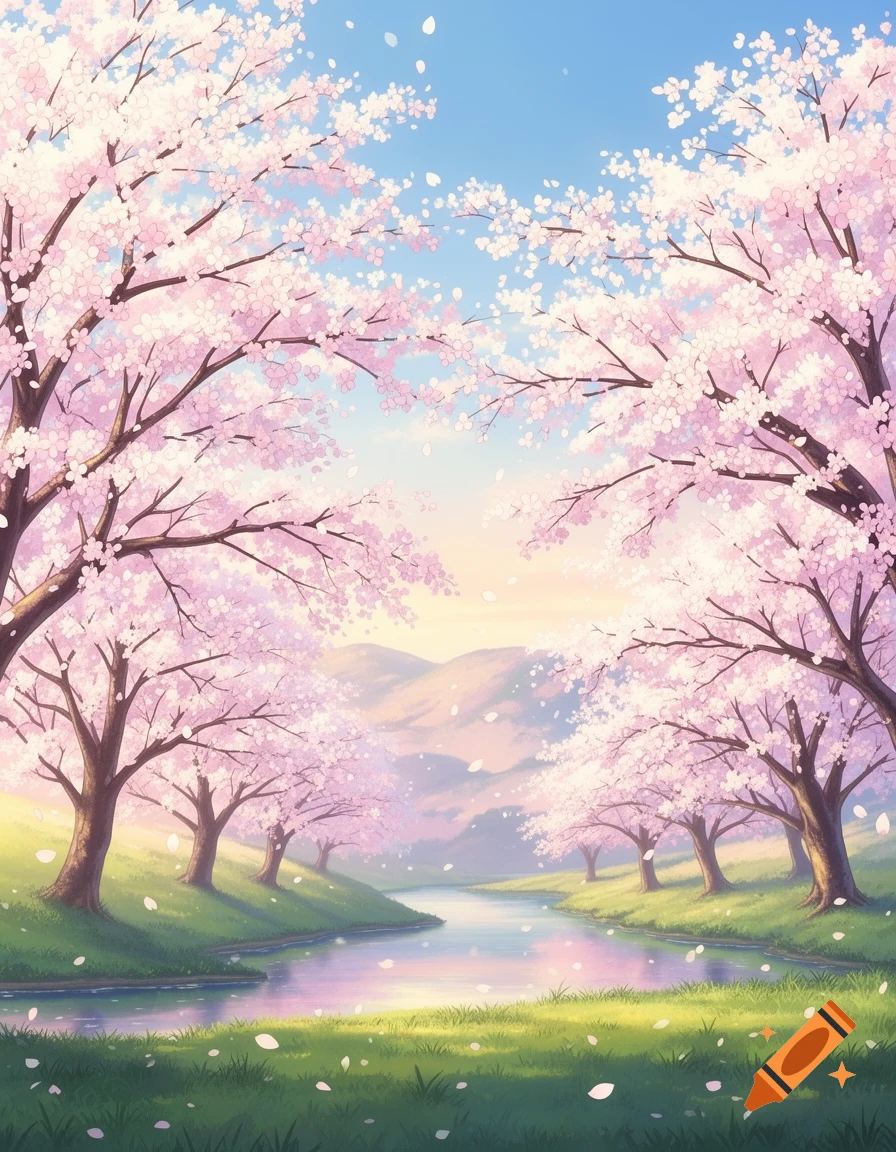 A vibrant anime landscape featuring cherry blossom trees lining a serene river, with petals falling and mountains in the distance under a blue sky.