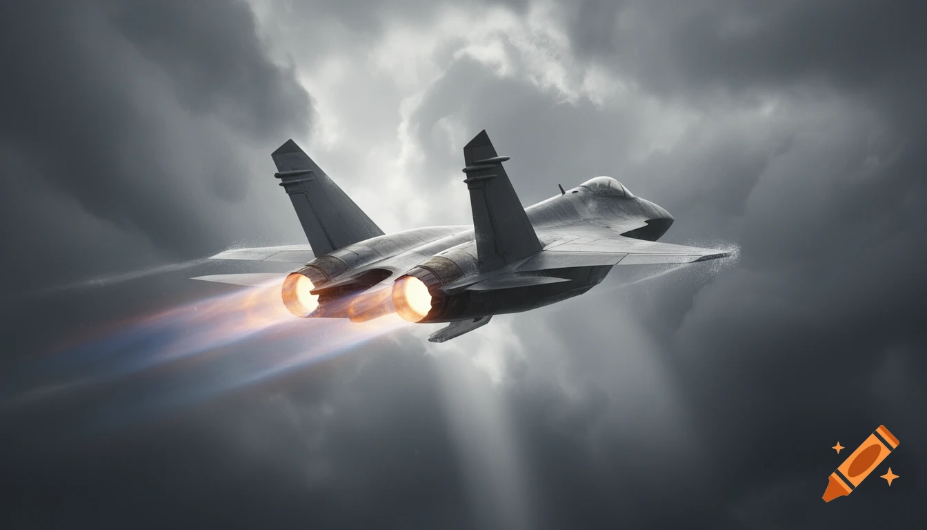 Photorealistic fighter jet with afterburners on, flying through dark storm clouds with volumetric light.