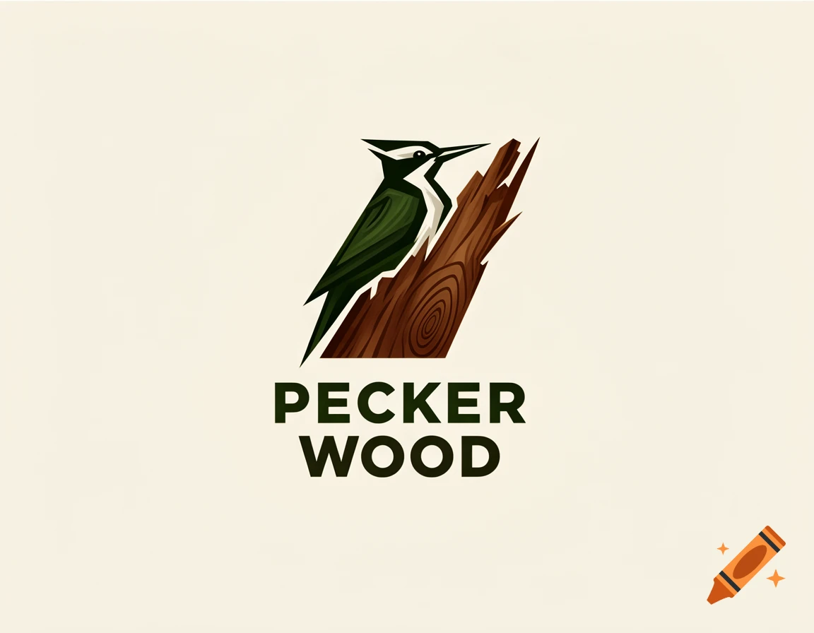 A stylized green and white woodpecker logo perches on a brown piece of wood, above the bold dark green text "PECKER WOOD".