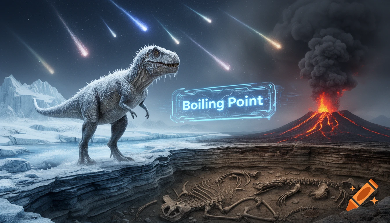 A frozen dinosaur stands on icy ground with meteorites falling, an erupting volcano, and dinosaur fossils, with a 'Boiling Point' graphic.