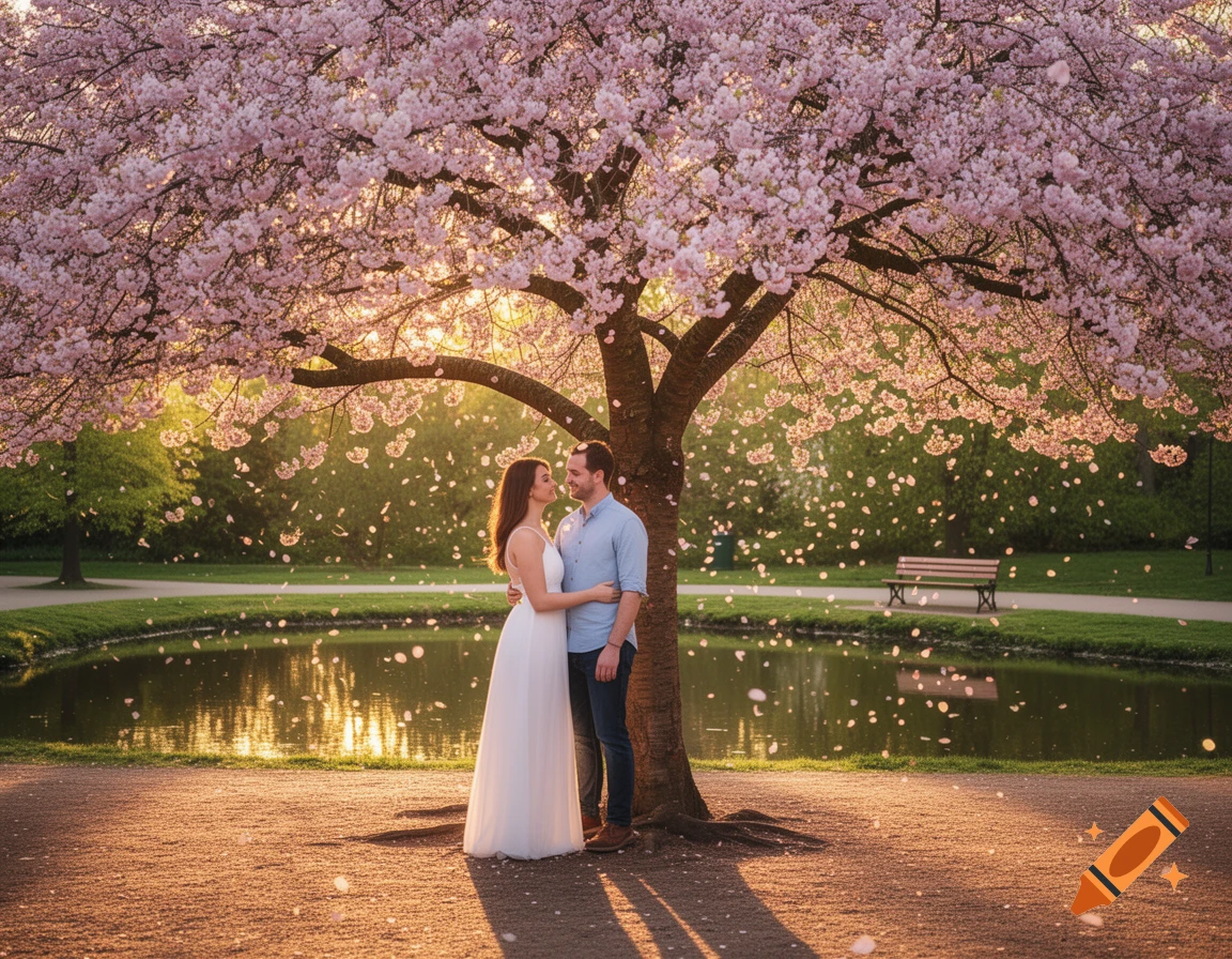 A couple embracing under a pink cherry blossom tree with falling petals in a sunlit park by a pond.