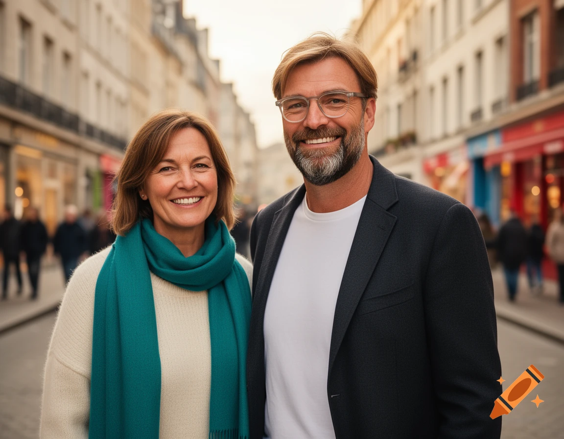 Photorealistic portrait of Jürgen Klopp and a woman smiling, standing on a bustling city street.