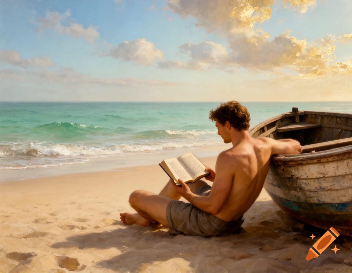A shirtless man reads a book on a sandy beach, leaning against a wooden boat with the ocean and sky in the background, in a painterly style.