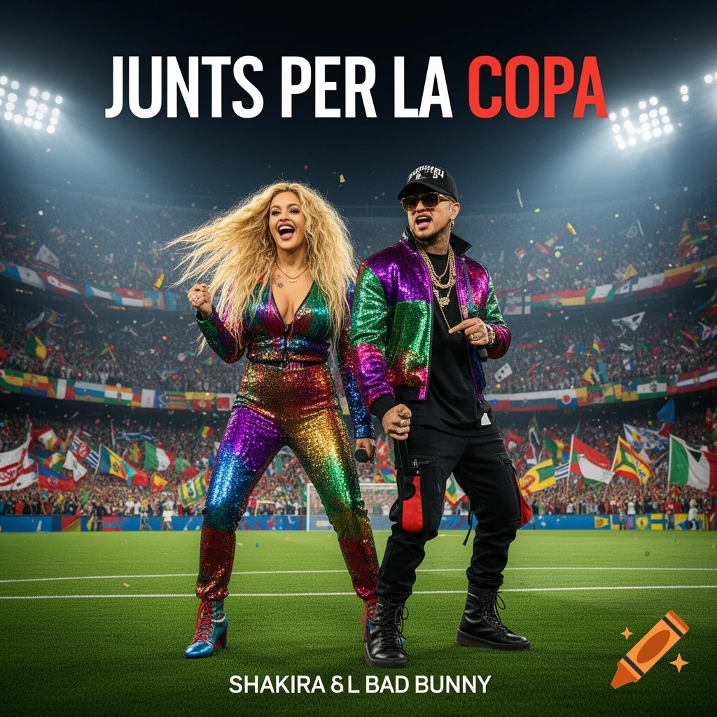 Album cover with two pop stars in sequined outfits on a soccer field at night, in a large stadium with cheering crowds and bright lights. Text reads 'JUNTS PER LA COPA' and 'SHAKIRA & L BAD BUNNY'.
