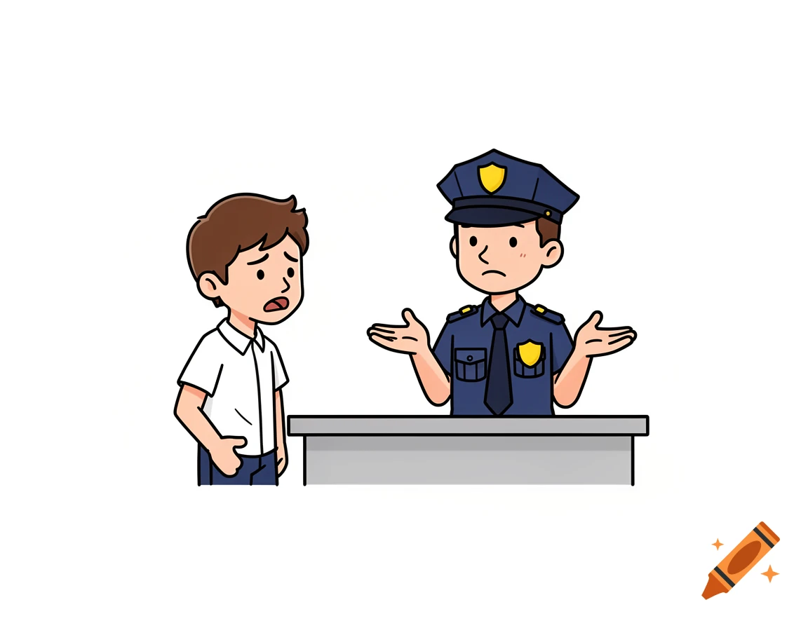 Minimalist cartoon illustration of a frustrated young man talking to a shrugging police officer behind a desk.