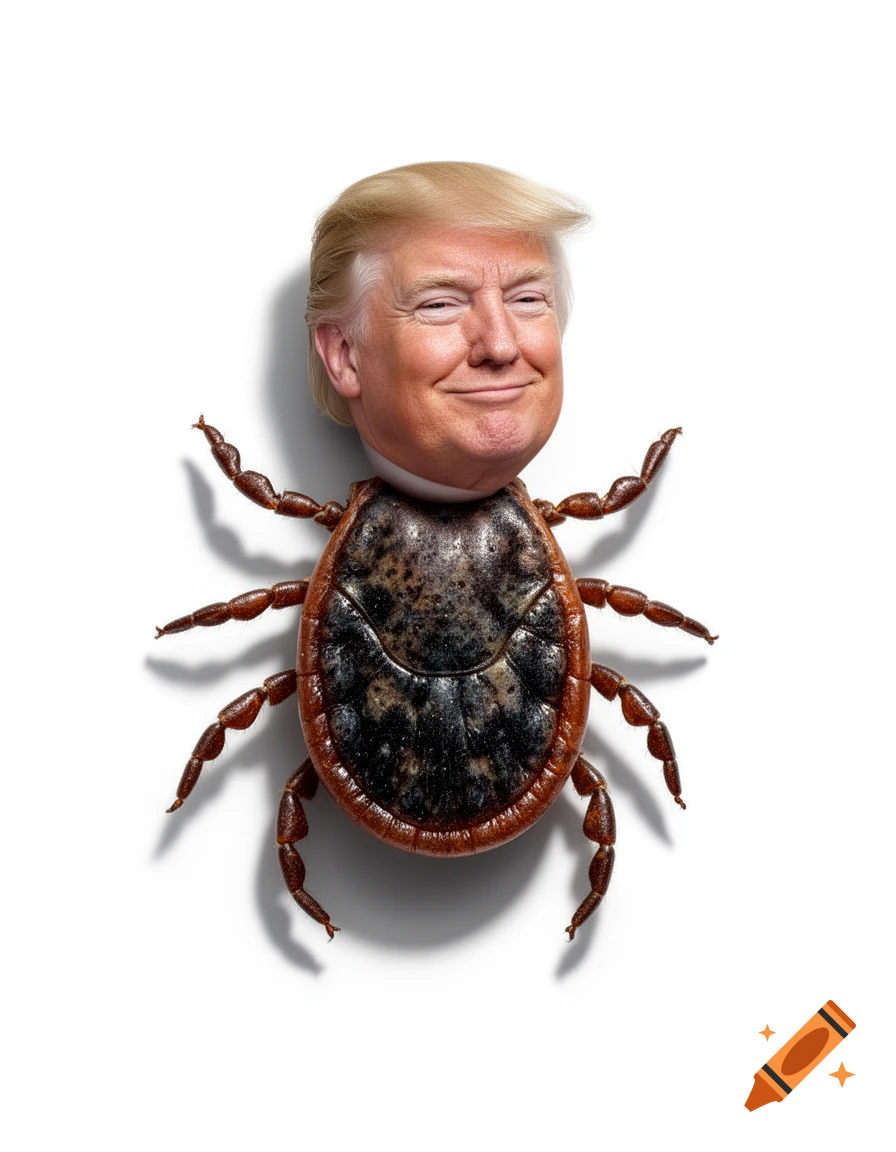 Donald Trump's head atop a brown tick body, depicted in a photorealistic, surreal style.
