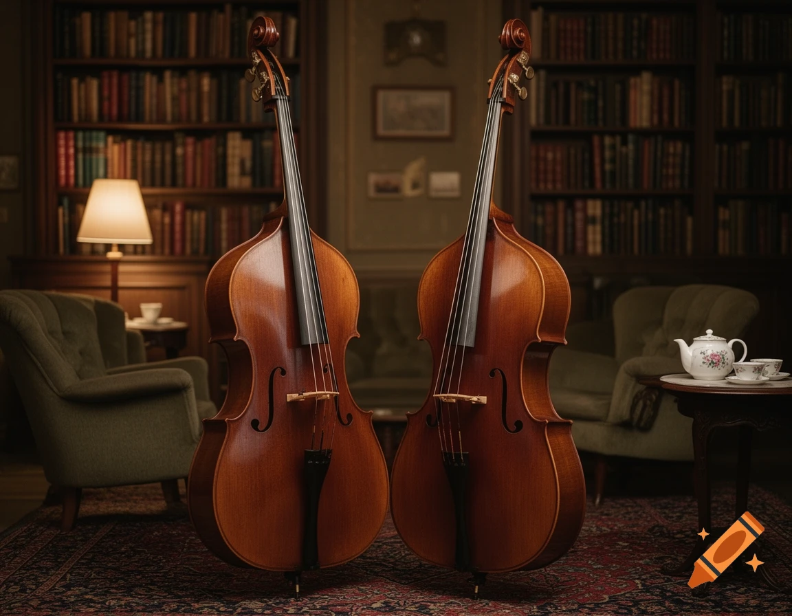 Two double basses stand in a cozy, traditional library room with bookshelves, armchairs, and a tea set, on a patterned rug.