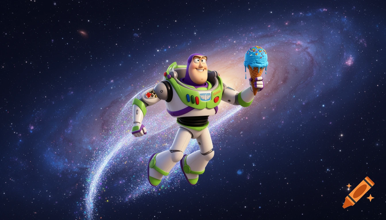 Buzz Lightyear floats happily in a vibrant galaxy, holding a melting blue ice cream cone with sprinkles.