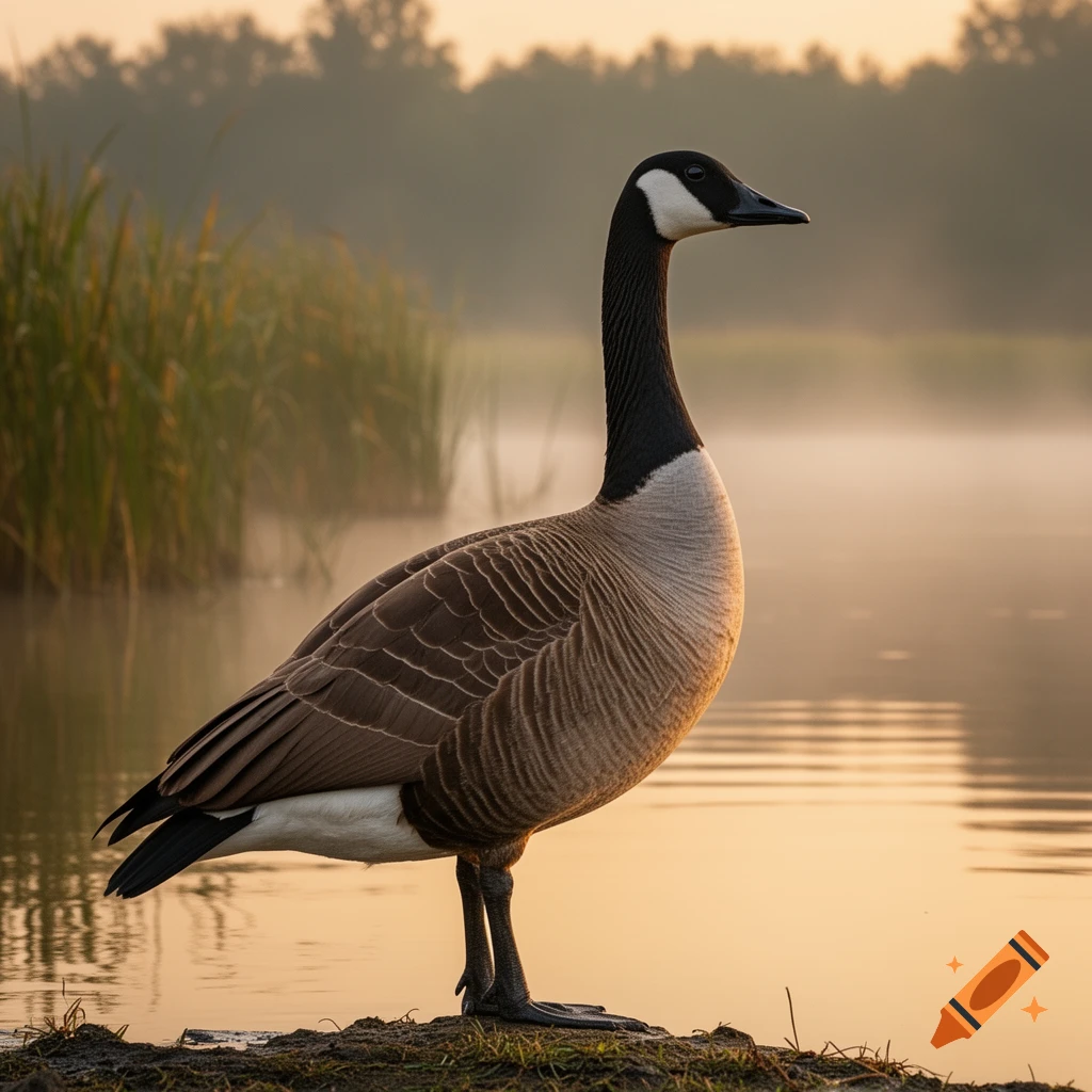 A photorealistic Canadian goose stands on the muddy bank of a misty lake at sunrise, with reeds in the background.