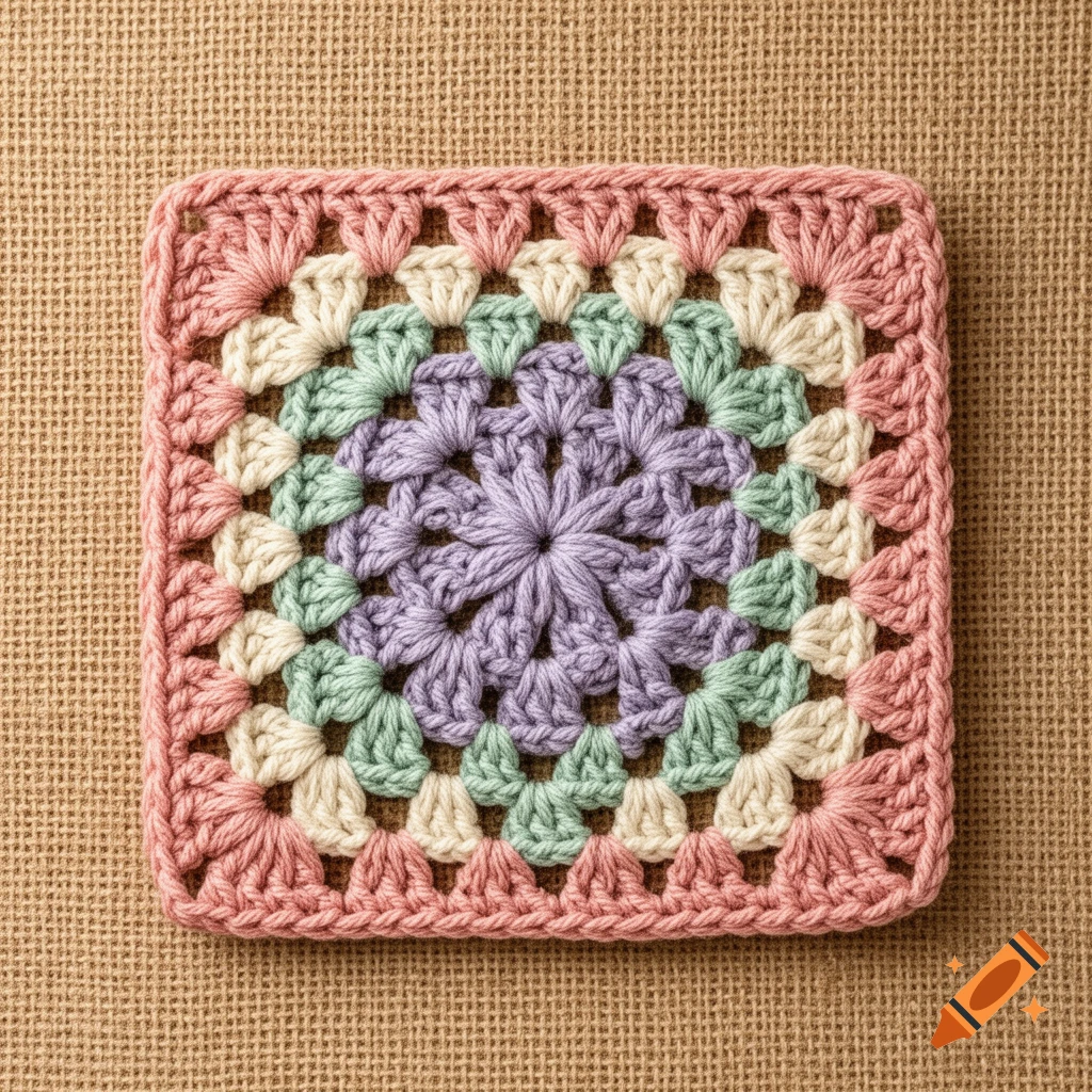 Close-up of a pastel crochet granny square with a purple center, mint green, cream, and pink yarn on a burlap surface.