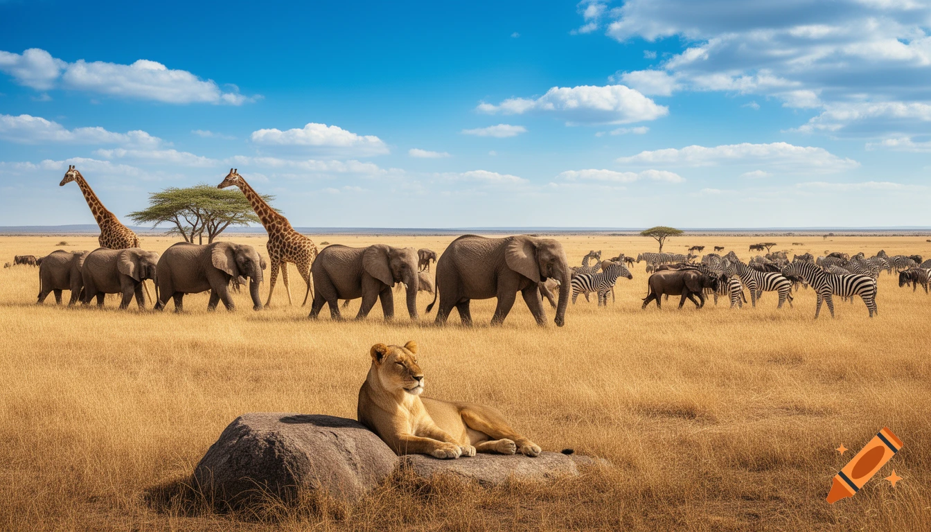A photorealistic African savanna with a lion on a rock, and herds of elephants, giraffes, zebras, and wildebeest roaming under a blue sky.