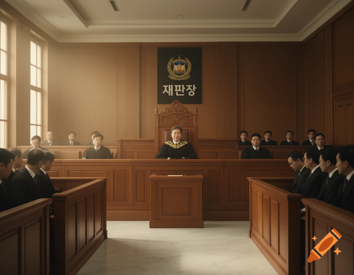 A judge in a black robe presides over a courtroom, with men in suits seated on either side and a banner with Korean text behind the judge.
