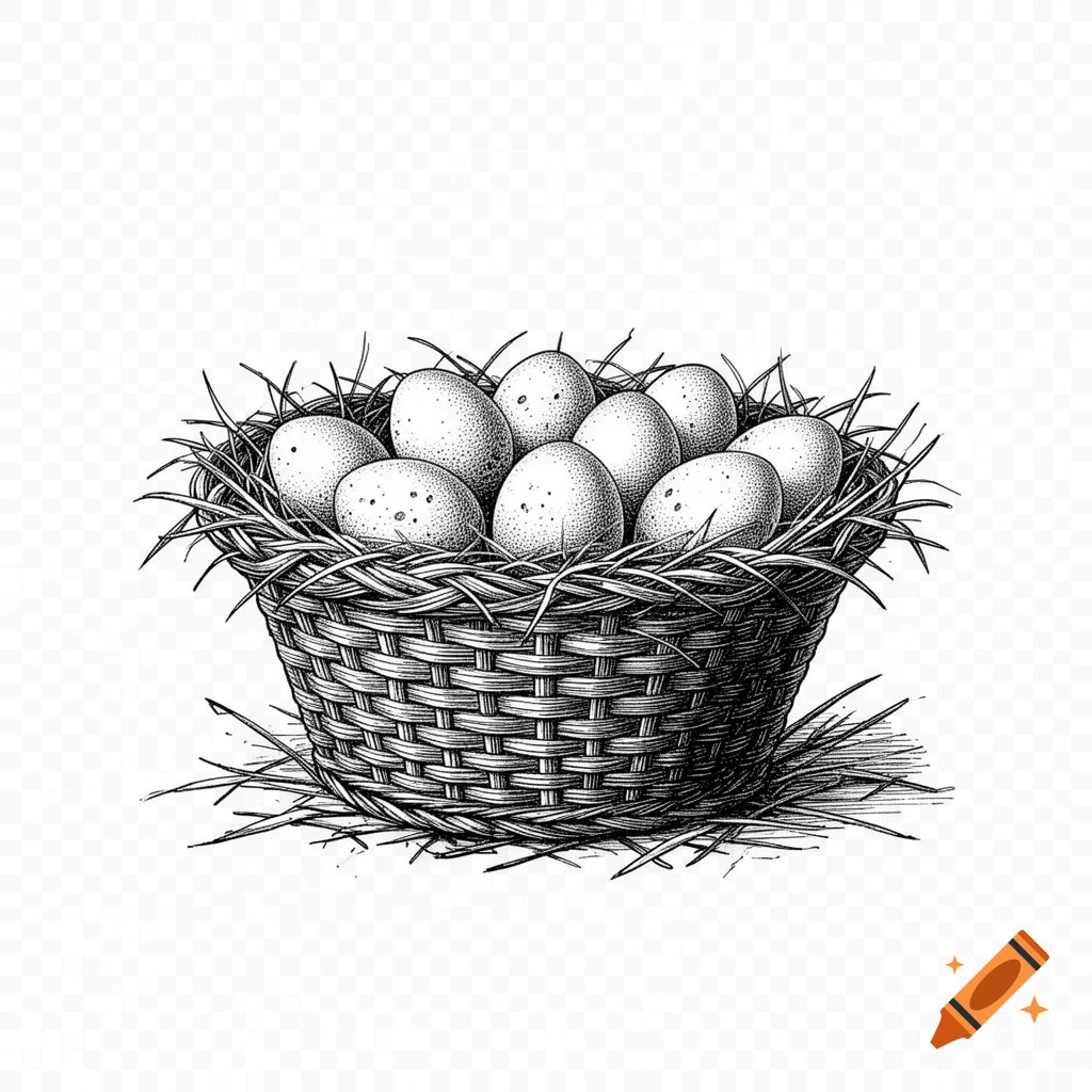 A detailed black and white line art illustration of a woven wicker basket filled with eggs, resting on straw.
