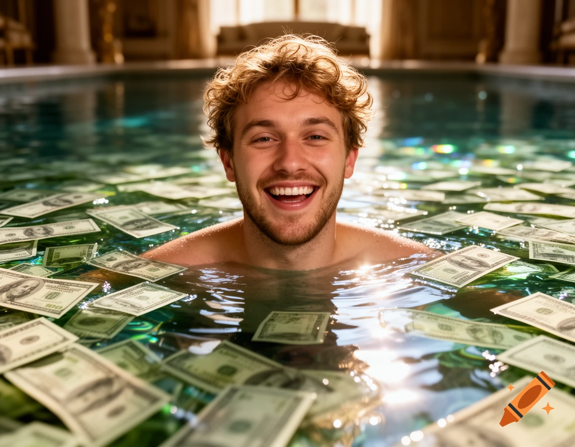 A smiling man with curly hair is in a pool filled with floating hundred-dollar bills. Photorealistic.