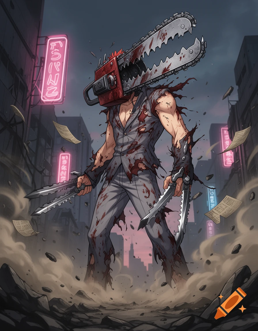 A man with a chainsaw head, wearing a torn, blood-splattered suit, holds serrated blades in a dark, ruined city street.