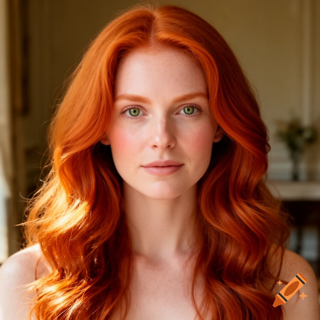 A photorealistic portrait of a young woman with vibrant red hair and green eyes, looking directly at the viewer.