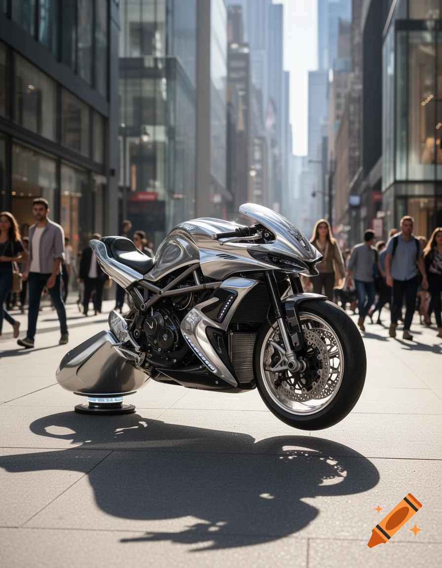 A futuristic silver and black motorcycle hovers above a city street, surrounded by blurred pedestrians and tall buildings.