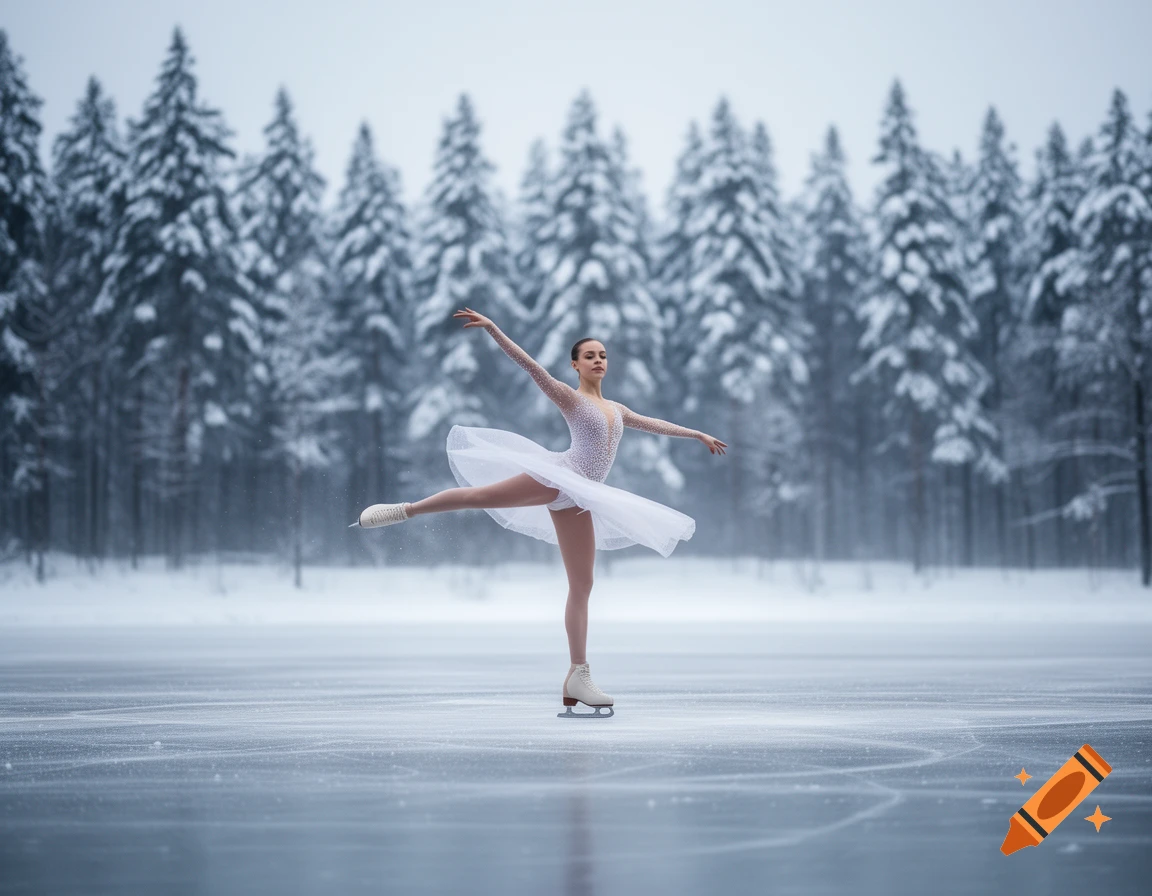 A female figure skater in a white costume gracefully poses on one leg on a frozen lake with a snowy forest in the background.