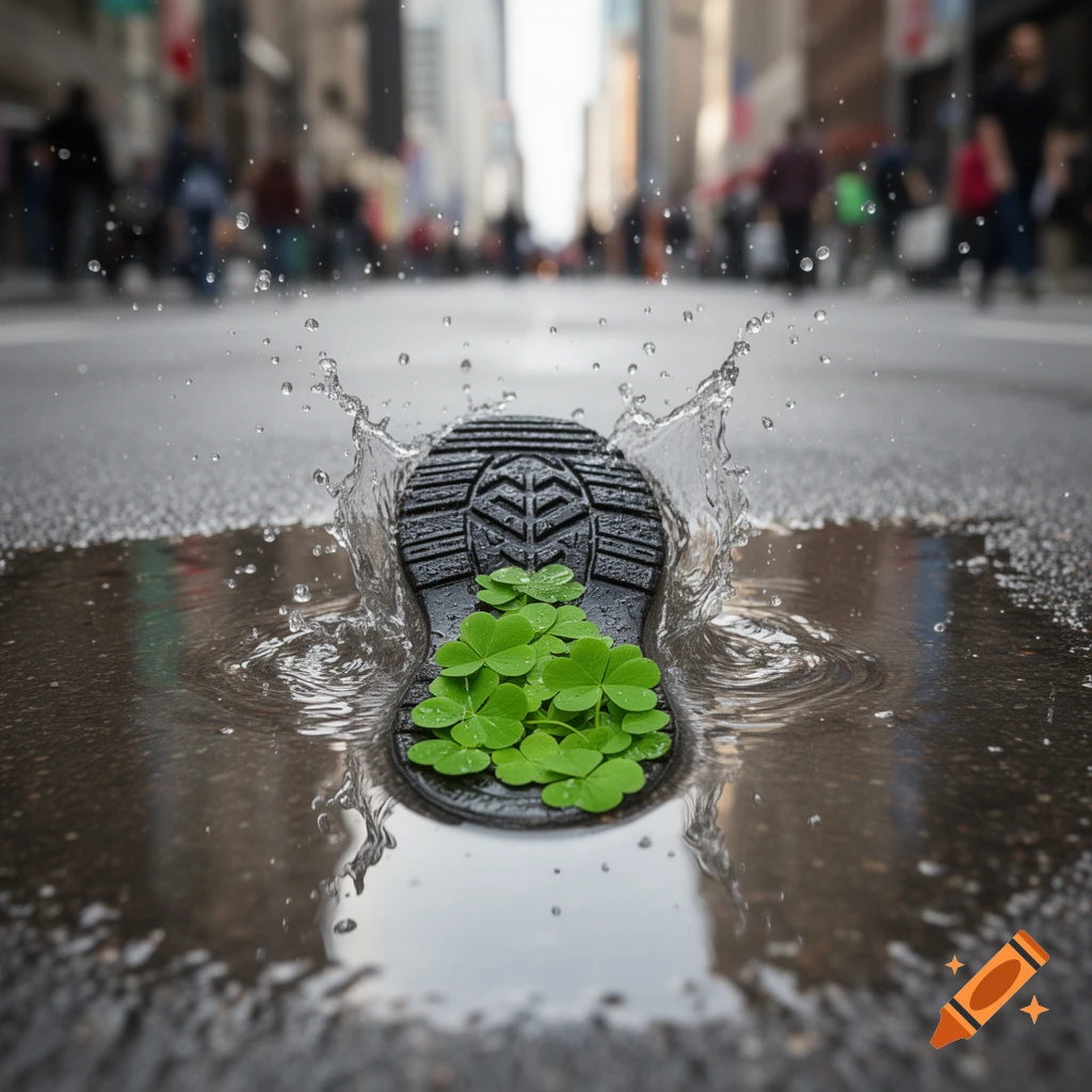 Close-up of a black shoe print in a street puddle, filled with green shamrocks and splashing water, blurred city background.