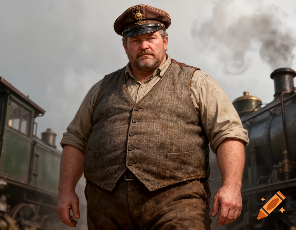 A burly man in an engineer's hat and vest stands confidently between two steam trains, smoke rising in the background.
