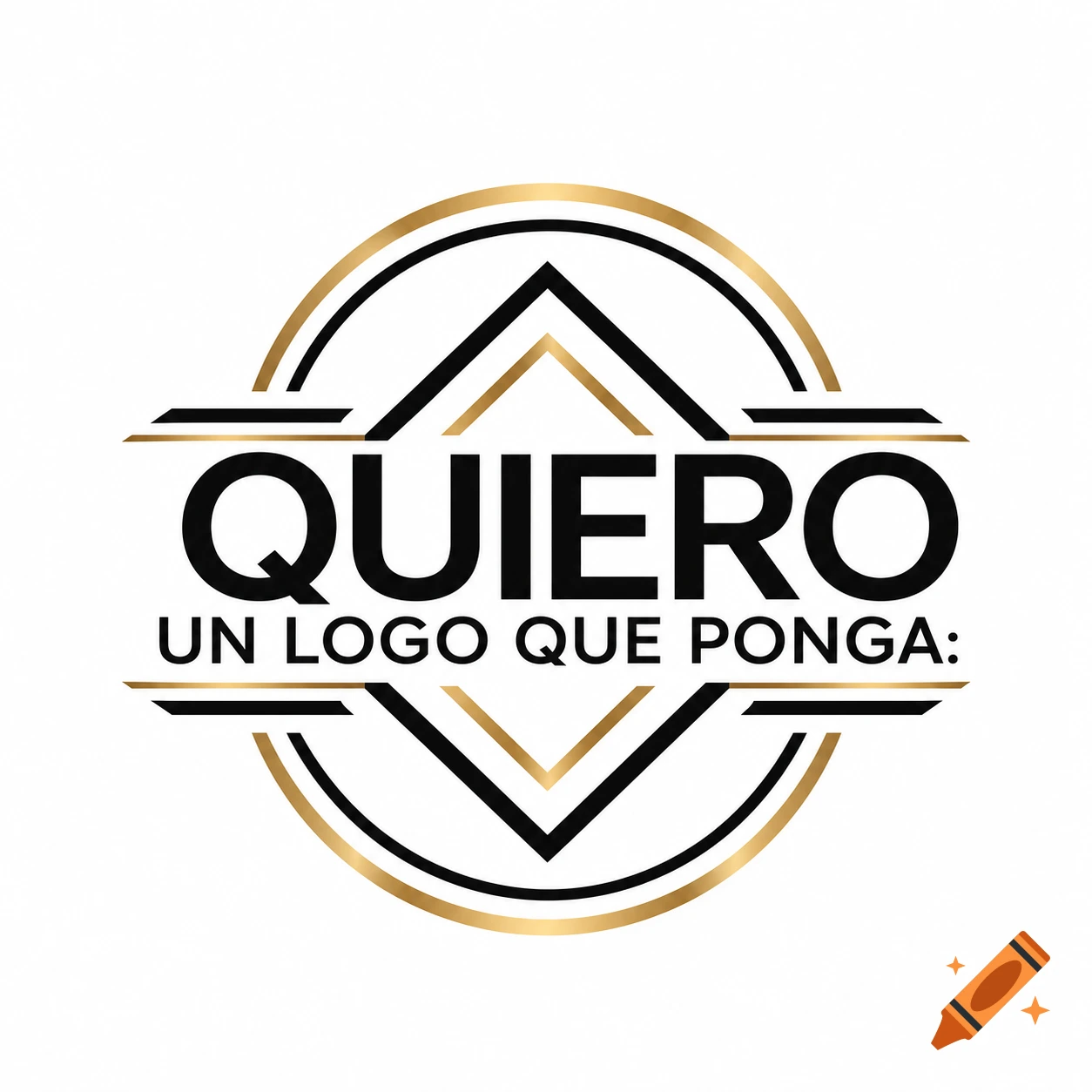 A black and gold geometric logo with a diamond-like shape and two circular lines. The text 'QUIERO UN LOGO QUE PONGA:' is centered.