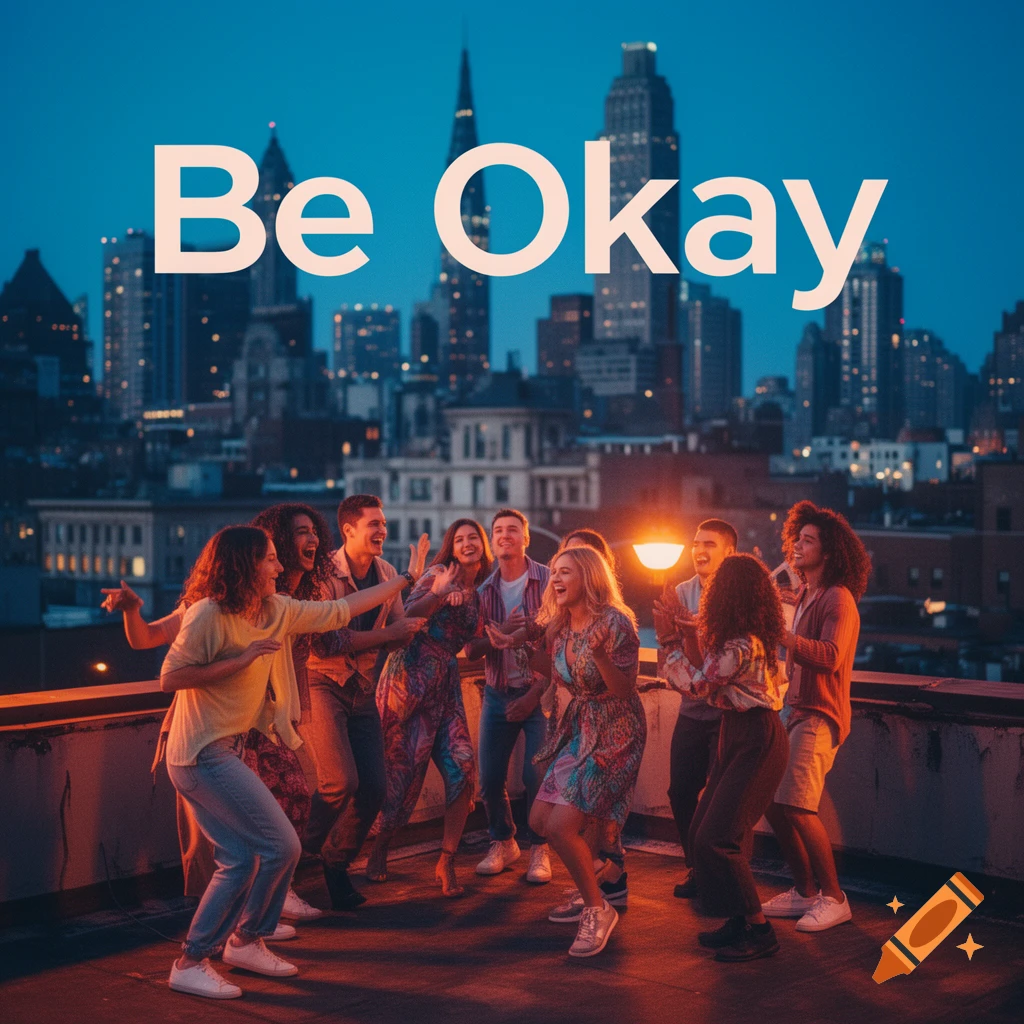 A diverse group of young adults dancing happily on a city rooftop at dusk, with the text 'Be Okay' above the skyline. Photorealistic.
