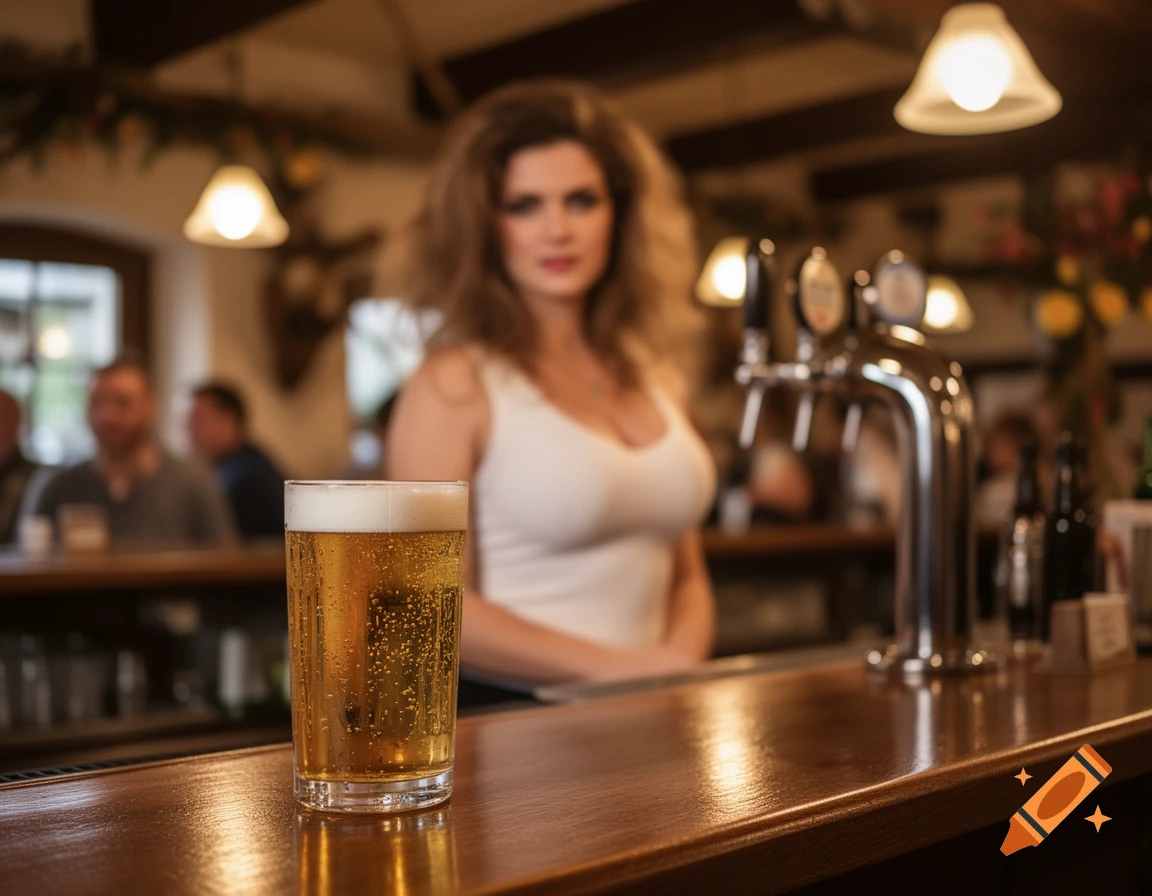 A glass of beer on a wooden bar, with a blurred woman bartender and patrons in the background of a pub.