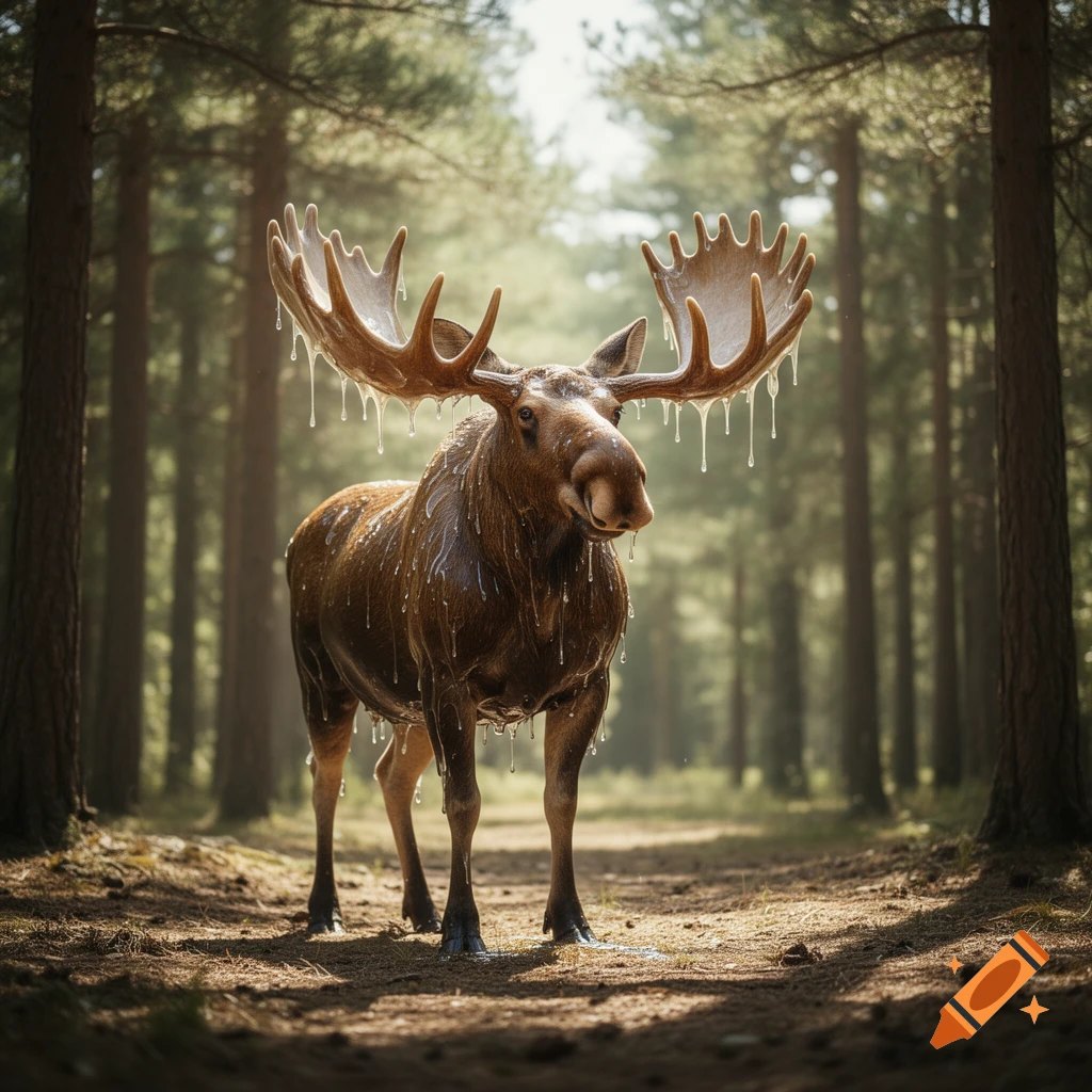 A moose covered in dripping liquid stands on a sunlit forest path.