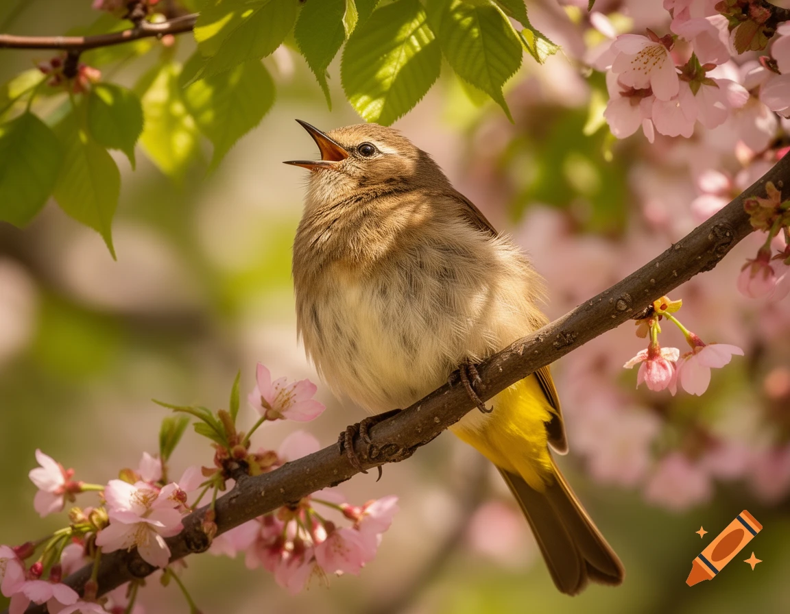 A photorealistic brown and yellow bird singing on a branch with pink cherry blossoms.