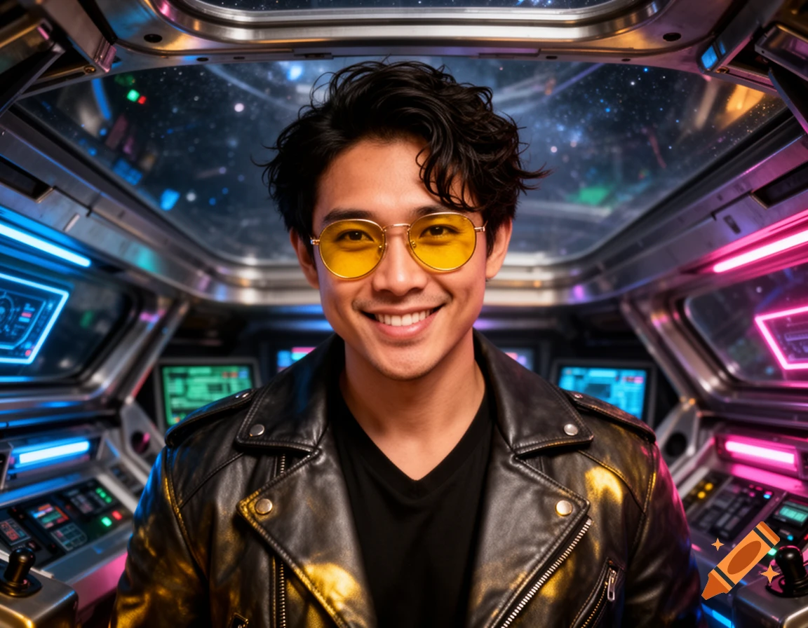 A smiling man with curly dark hair, yellow-tinted glasses, and a leather jacket in a futuristic spaceship cockpit with neon lights.