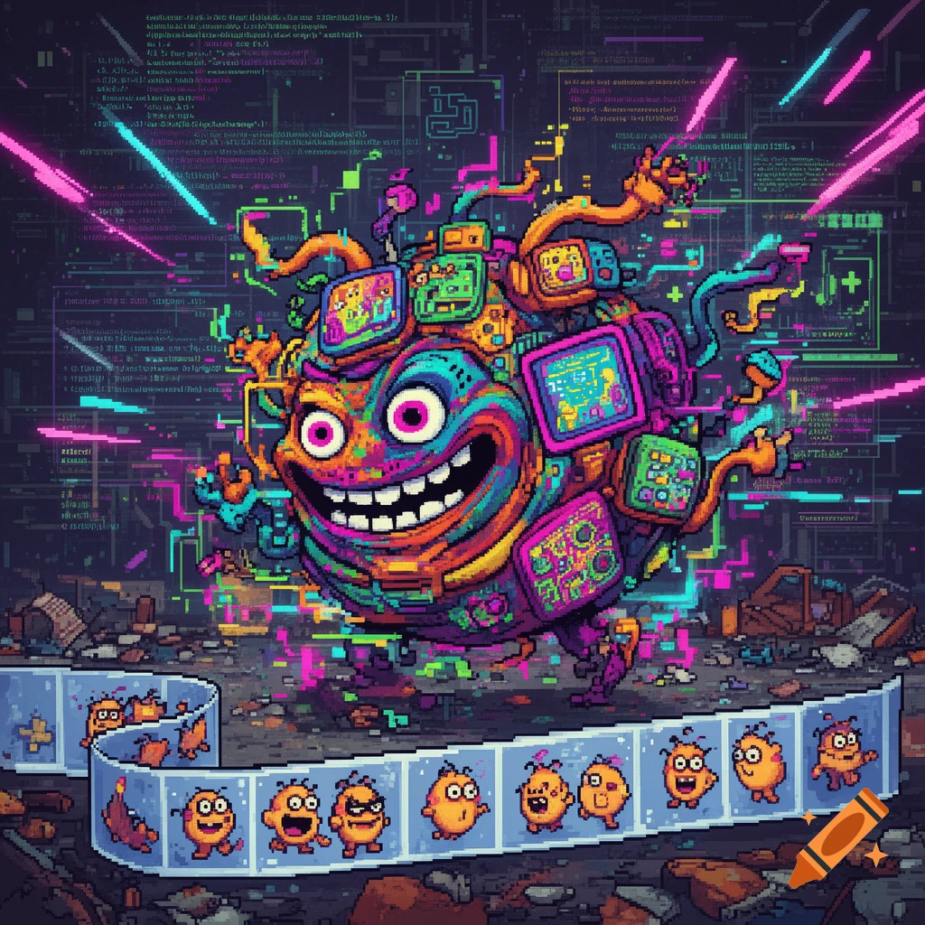 A vibrant pixel art cartoon creature, an "AI slop enemy," with multiple screens on its body and tendrils, grins amidst a digital code background and a sprite sheet of smaller orange creatures.