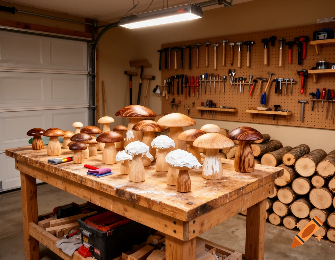 A clean woodworking workshop features a workbench filled with various handcrafted wooden mushrooms, with tools neatly arranged on a pegboard wall and logs stacked on the floor.